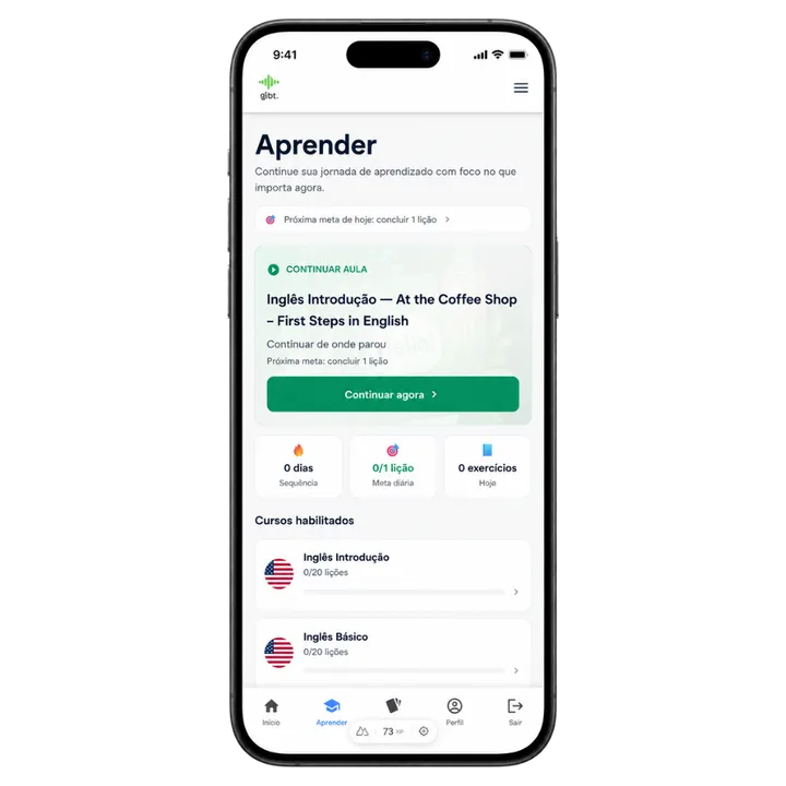 Interface do app Glot mostrando aulas e progresso de estudo